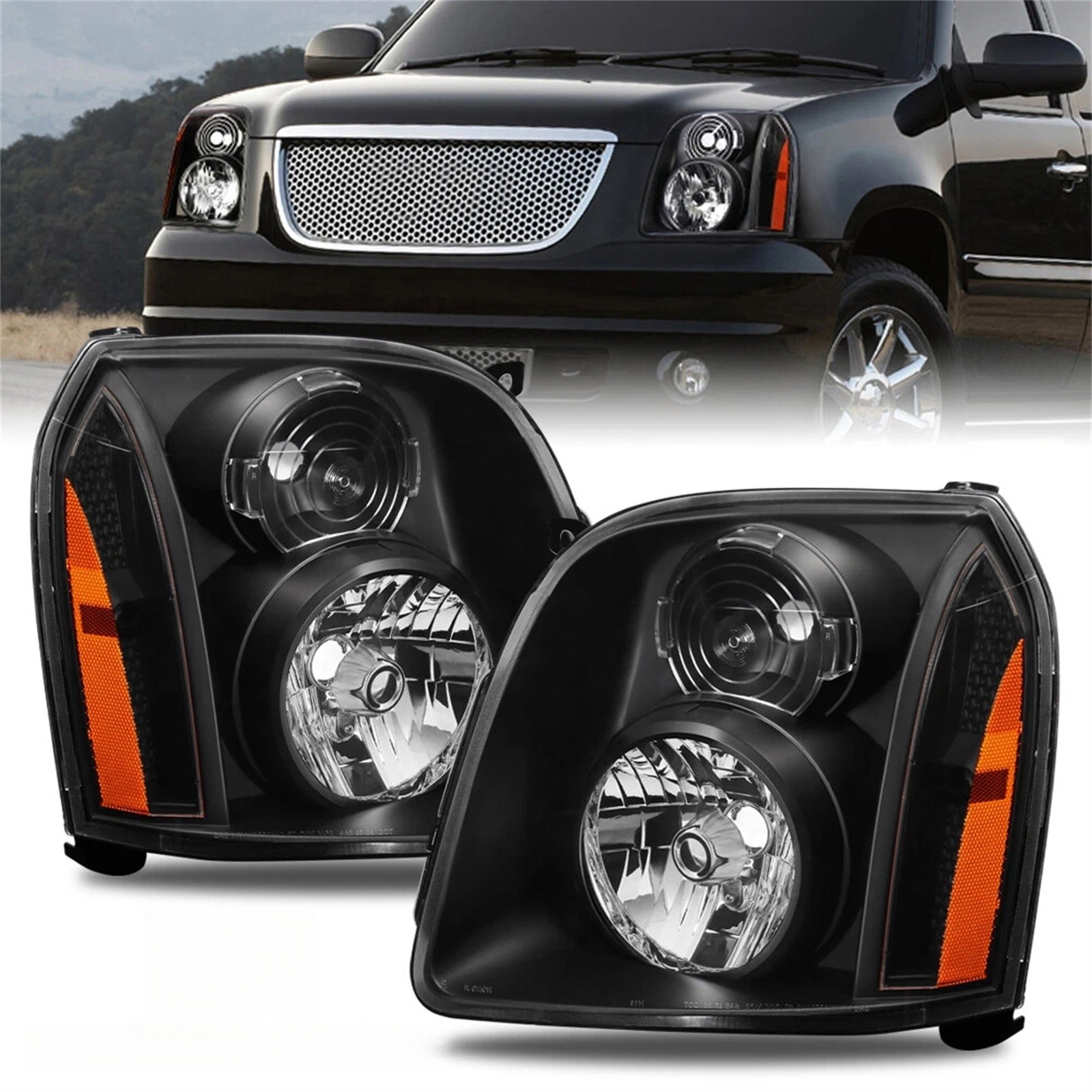 Headlight Assembly For 2007-2014 GMC Yukon XL 1500 2500 Black w/Amber Pair New