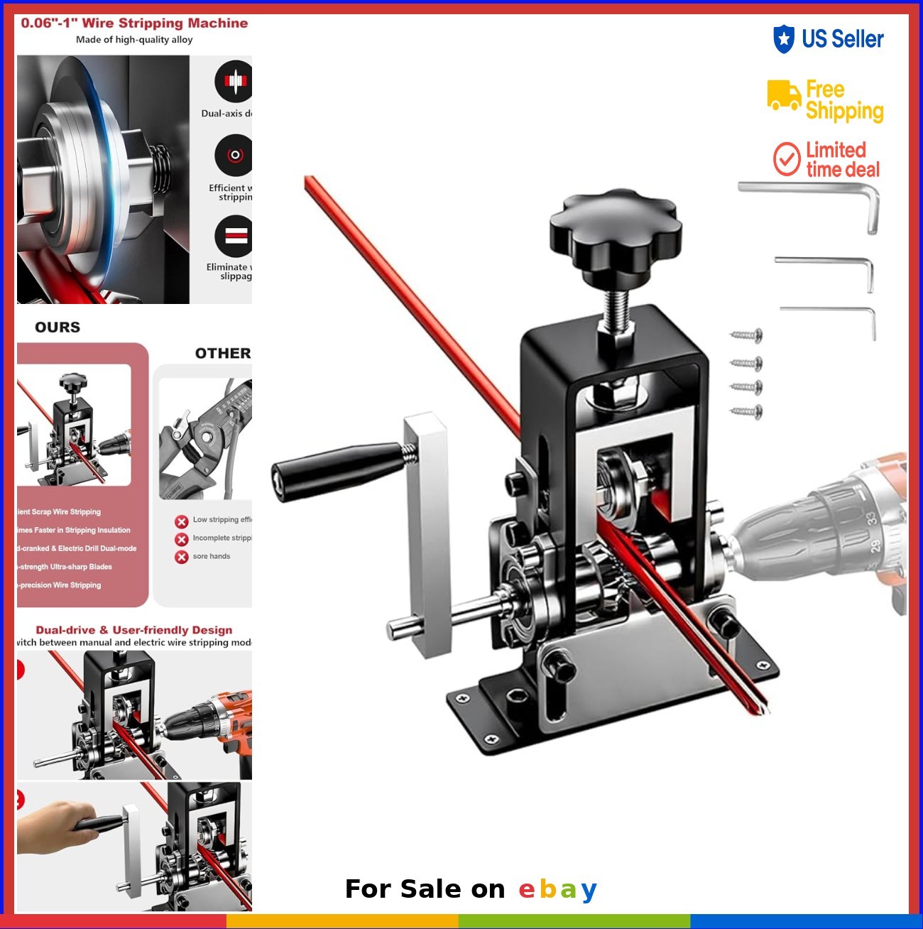 Manual Wire Stripping Machine 0.06 to 1 Inch Drill Powered Hand Crank Scrap