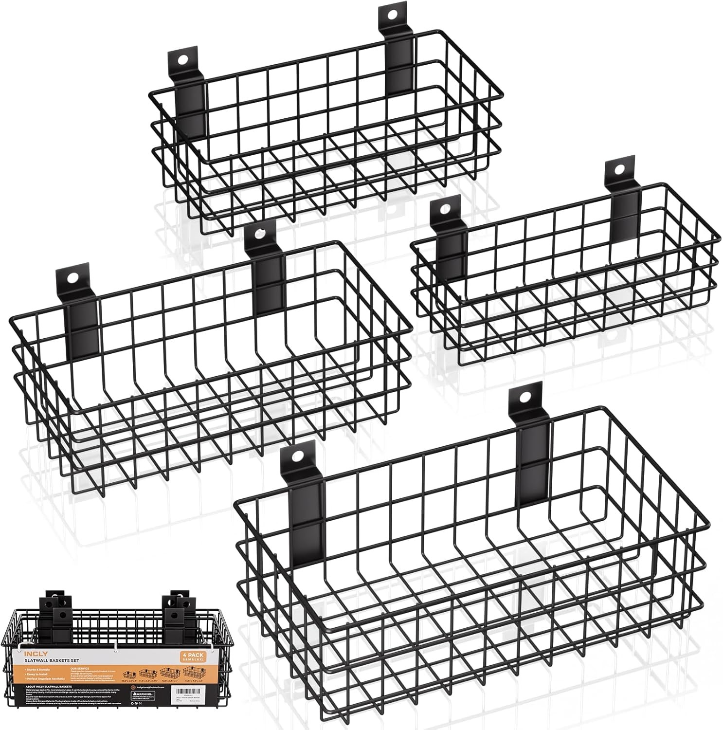 INCLY 4 Pack Black Slatwall Baskets Set, Ventilated Metal Hanging