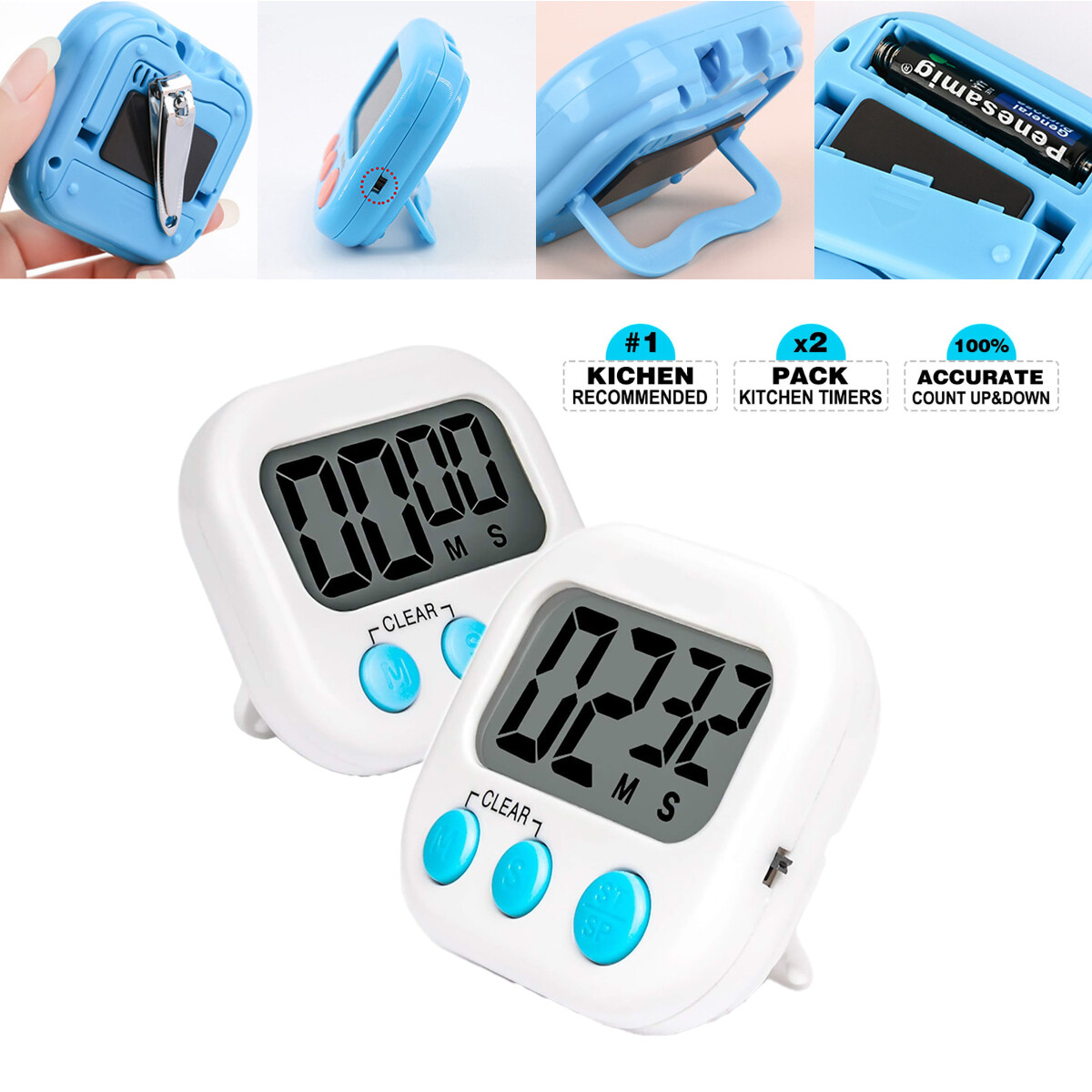 2 Kitchen Timer Digital Large Magnet Cooking  Alarm Loud Count Down Clear 99min