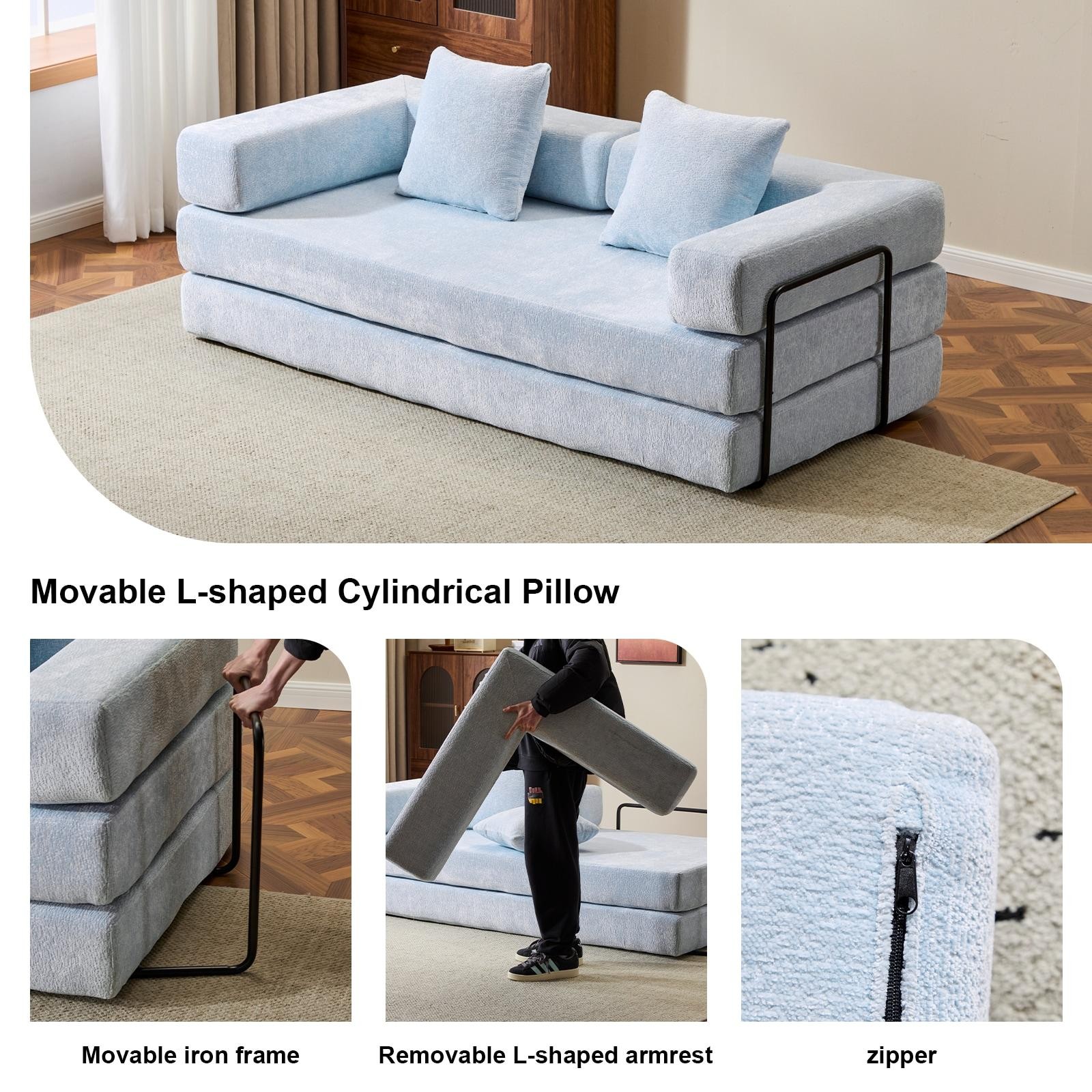 Convertible Floor Light Blue Chenille Sofa Bed W/ Pillow Armrest