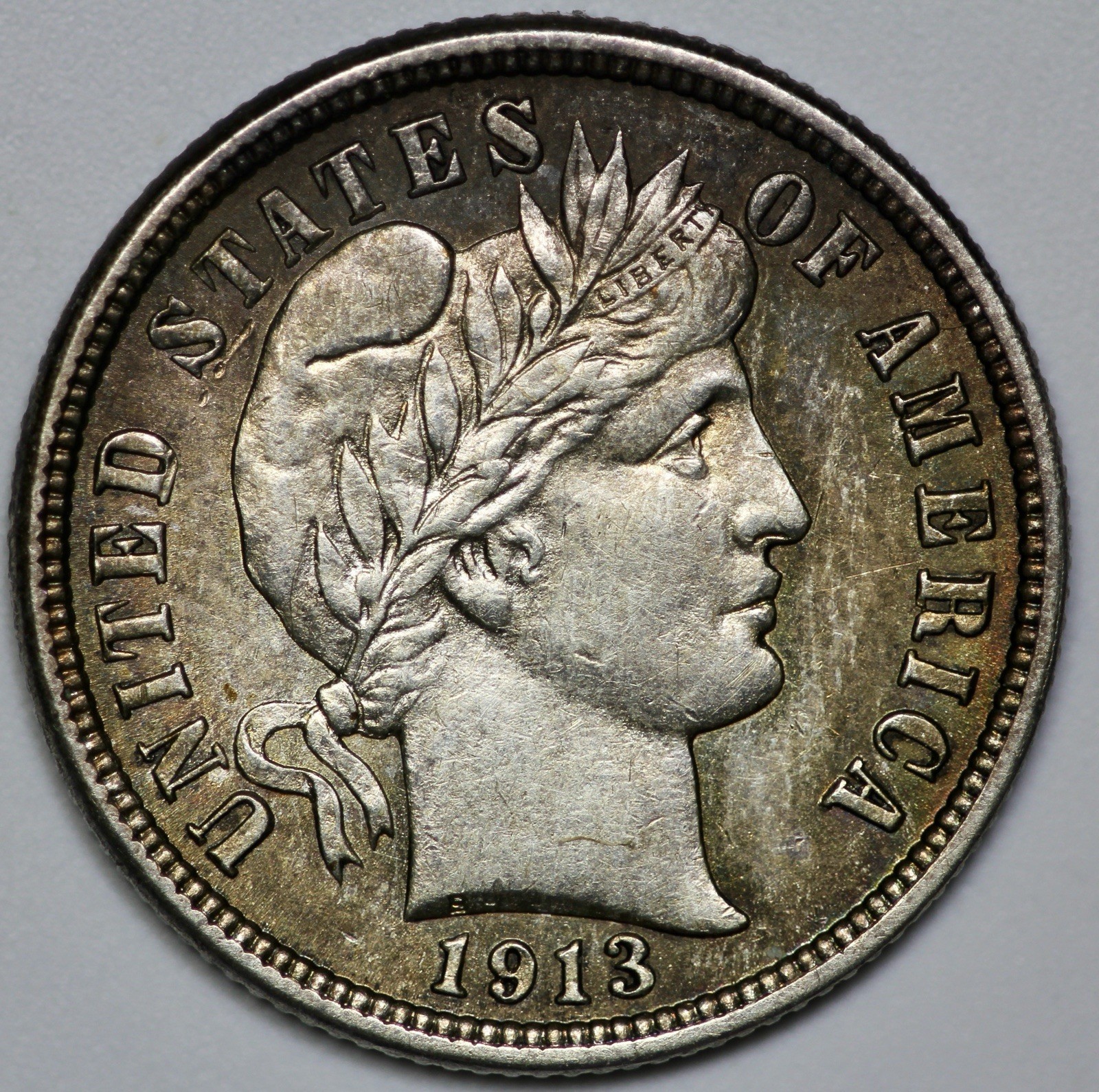 1913 Barber 10C Silver Dime Toned