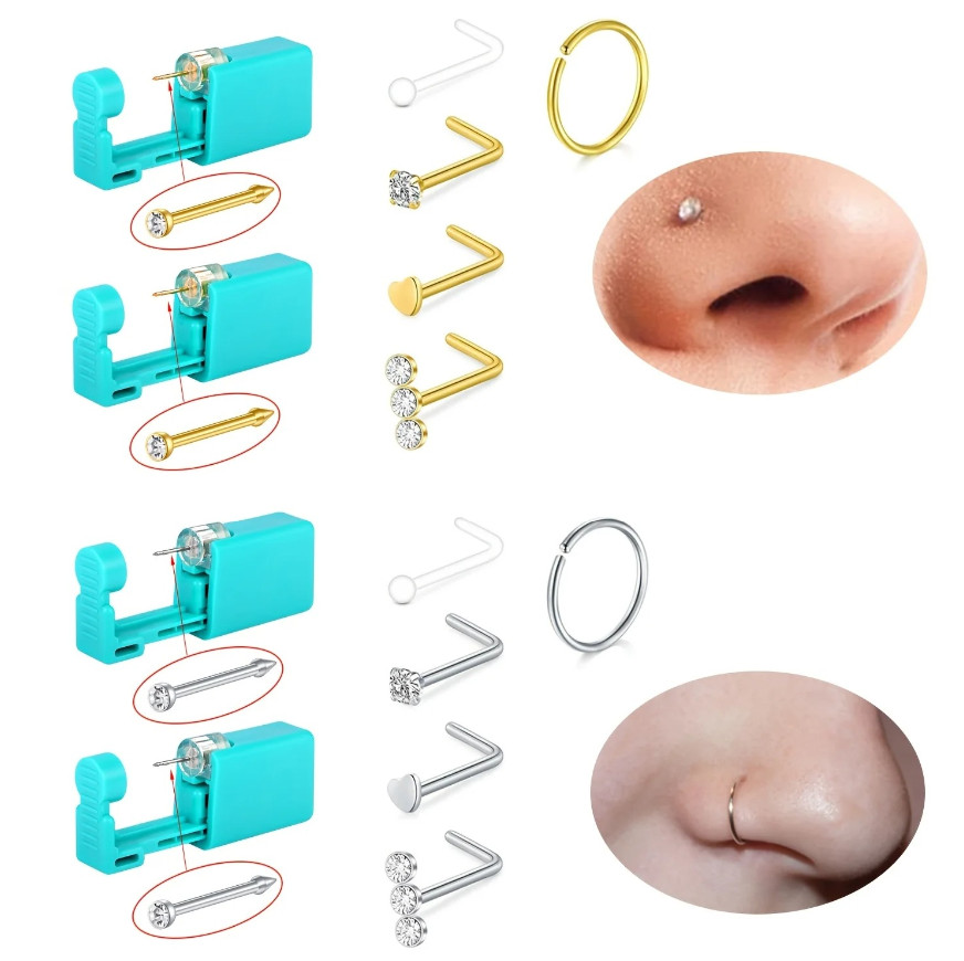 7pcs Nose Piercing Kit Disposable Gun Nose Rings Stud Set Jewelry Tool - NEW
