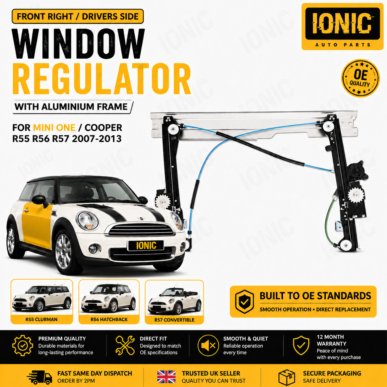 Mini One Cooper R55 R56 R57 2007-2013 Front Right Driver Side Window Regulator