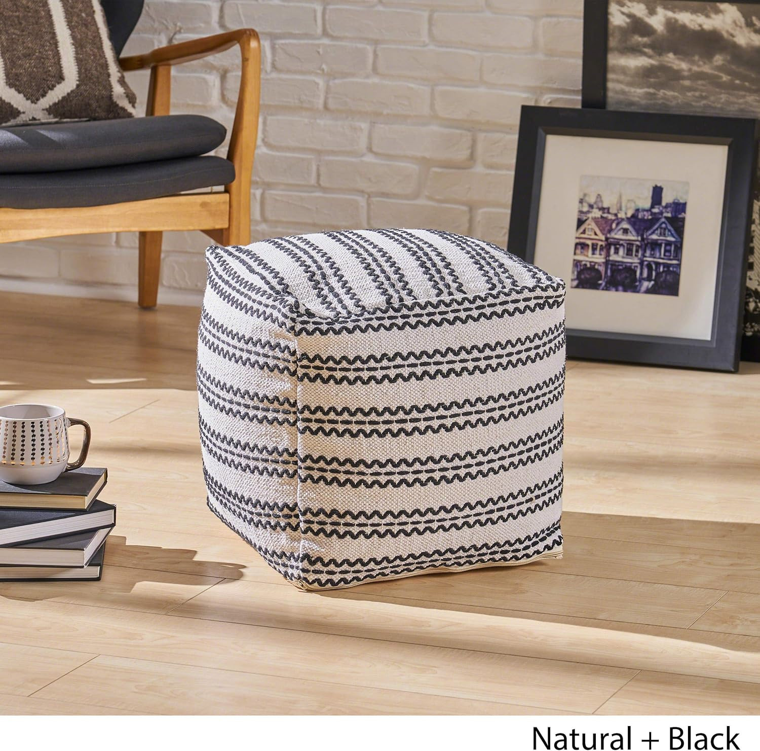 Davis Boho Cotton Pouf, Natural and Black
