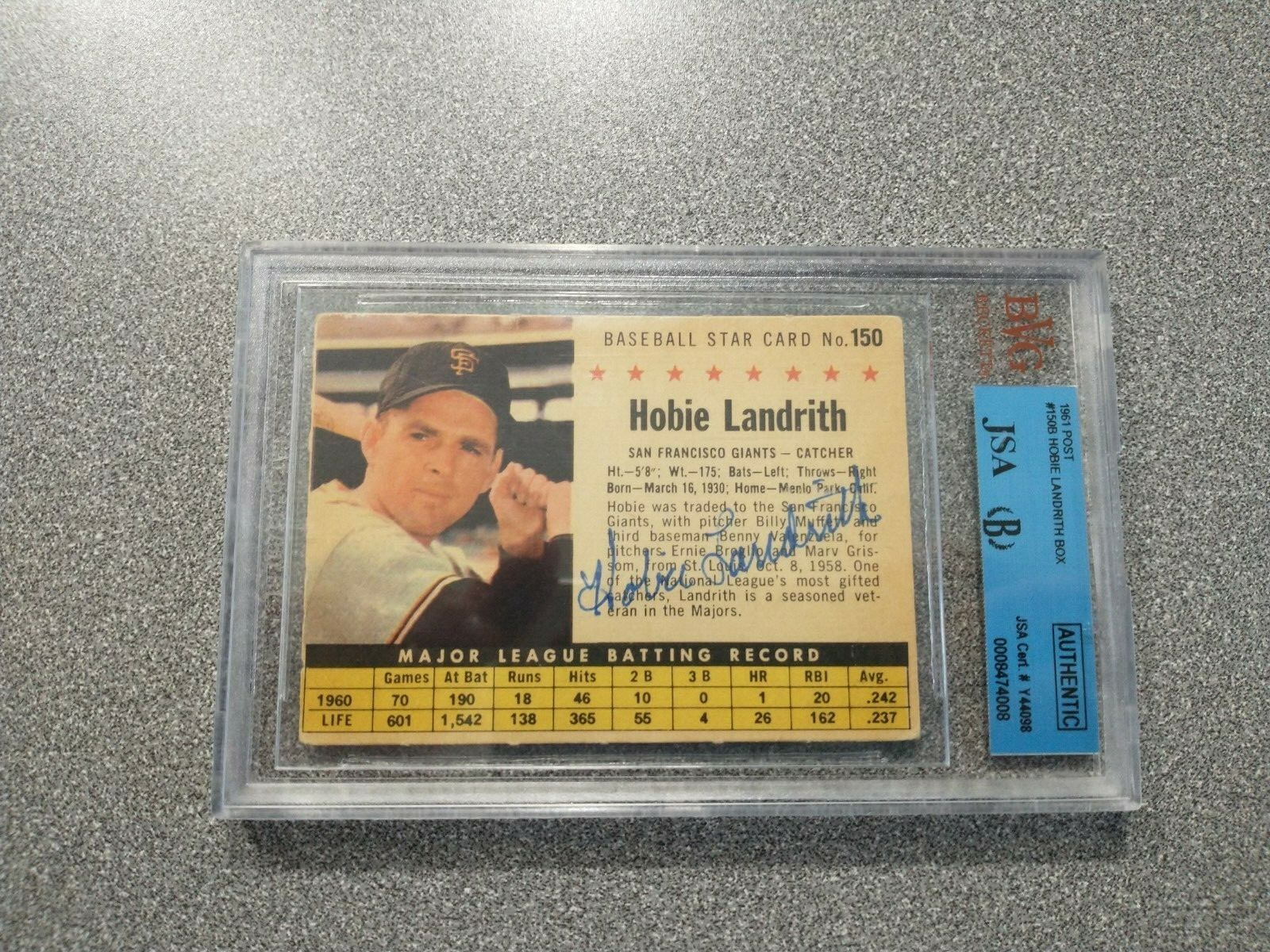 1961 POST #150 HOBIE LANDRITH GIANTS SIGNED AUTOGRAPHED CARD JSA FREE SHIPPING