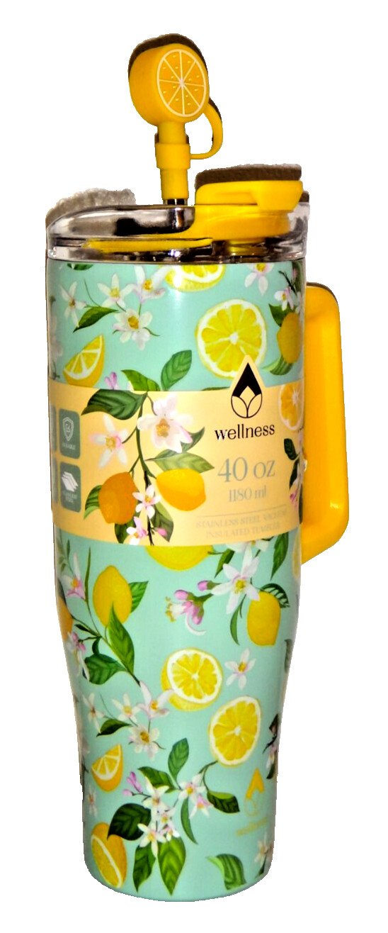 WELLNESS Stainless Steel Vacuum Insulated Tumbler Yellow Lemon Mug & Straw 40 oz