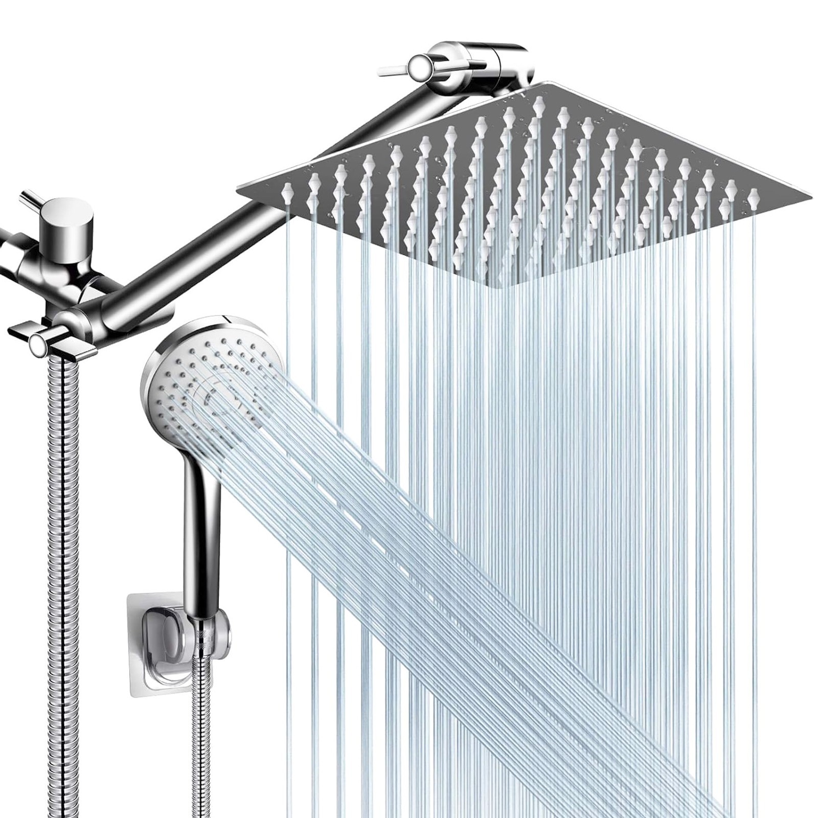Chrome Rain Shower Head High Pressure Handheld Spray Combo with Adjustable Arm