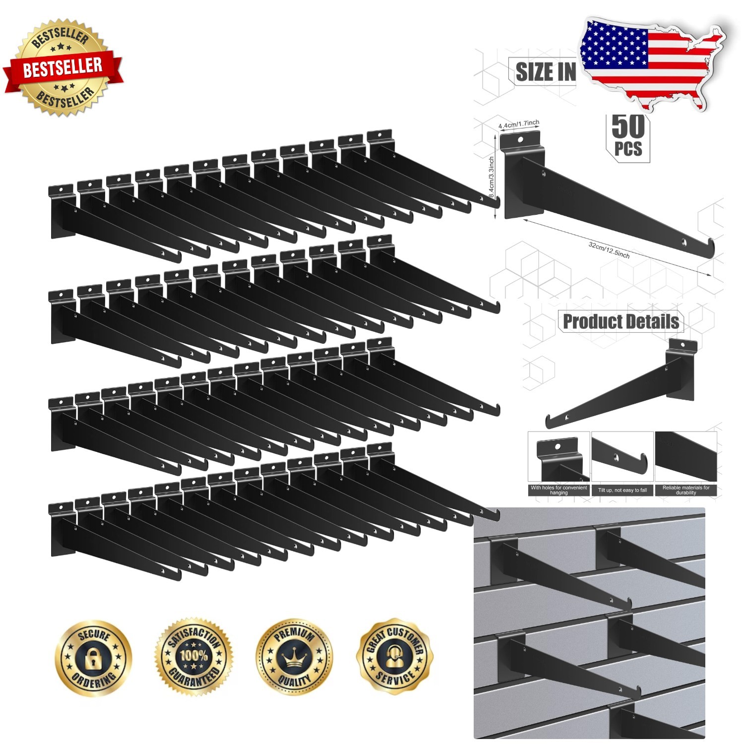 Heavy Duty 12" Black Slatwall Shelf Brackets 50pc Bulk Metal Wall Mount Shelving