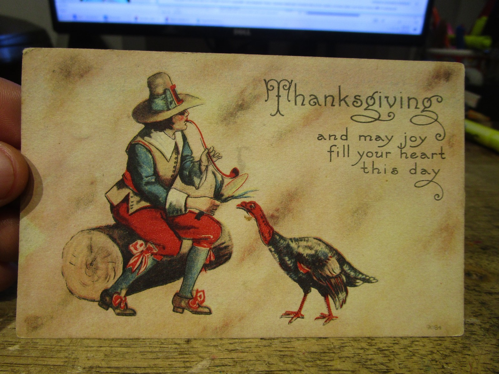 Holiday Old HAPPY THANKSGIVING Day Victorian Era Postcard Pilgrim Man Turkey Cob