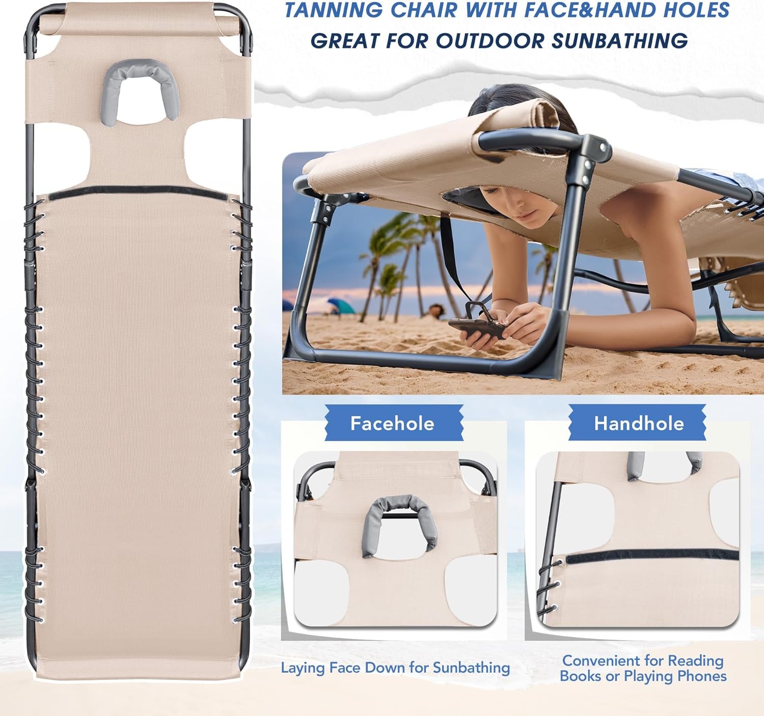 Face Down Chaise Lounge Chair 5-Position Adjustable Sunbathing (Beige, 1 Pcs)