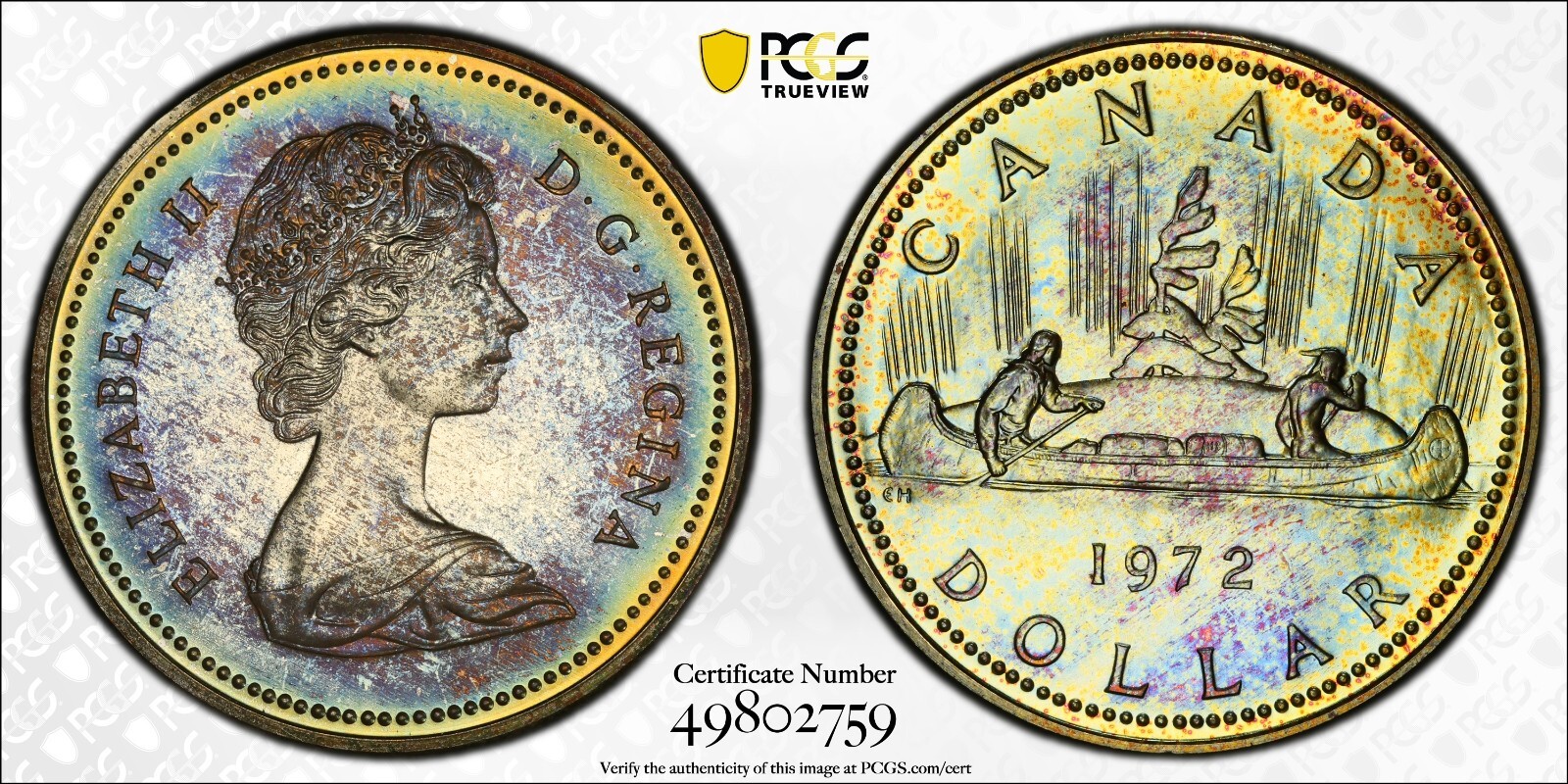 SP66 1972 Canada Voyageur Silver Dollar, PCGS Trueview- Rainbow Toned