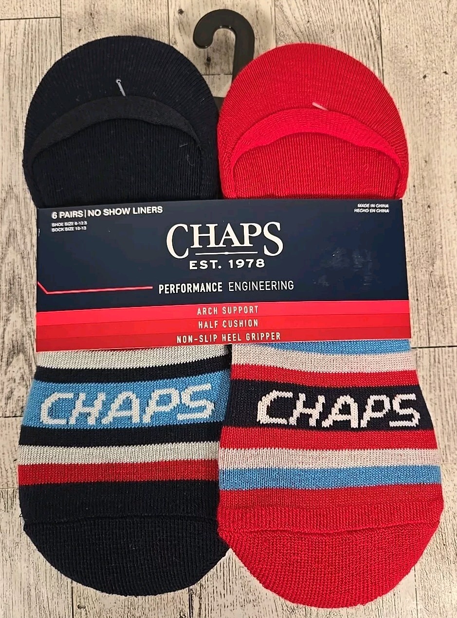 CHAPS Socks No Show Liners Shoe Sz 6-12.5 Mens 6pk Performance Red Blue NEW