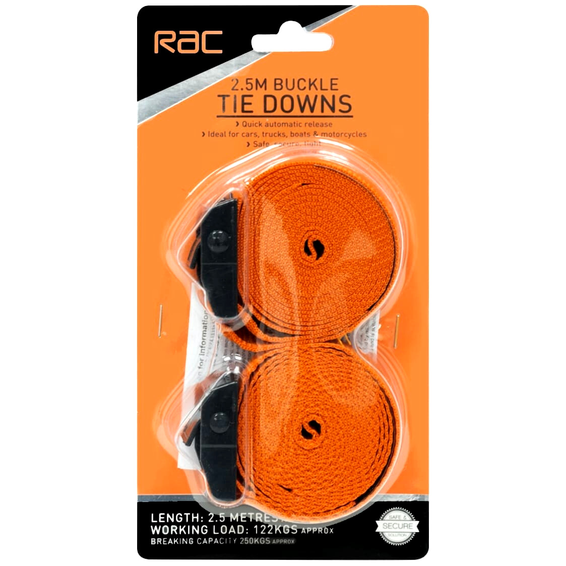 2pk RAC Buckle Tie Downs 2.5m Extremely Safe & Secure Cars, Trucks, Boats Bikes