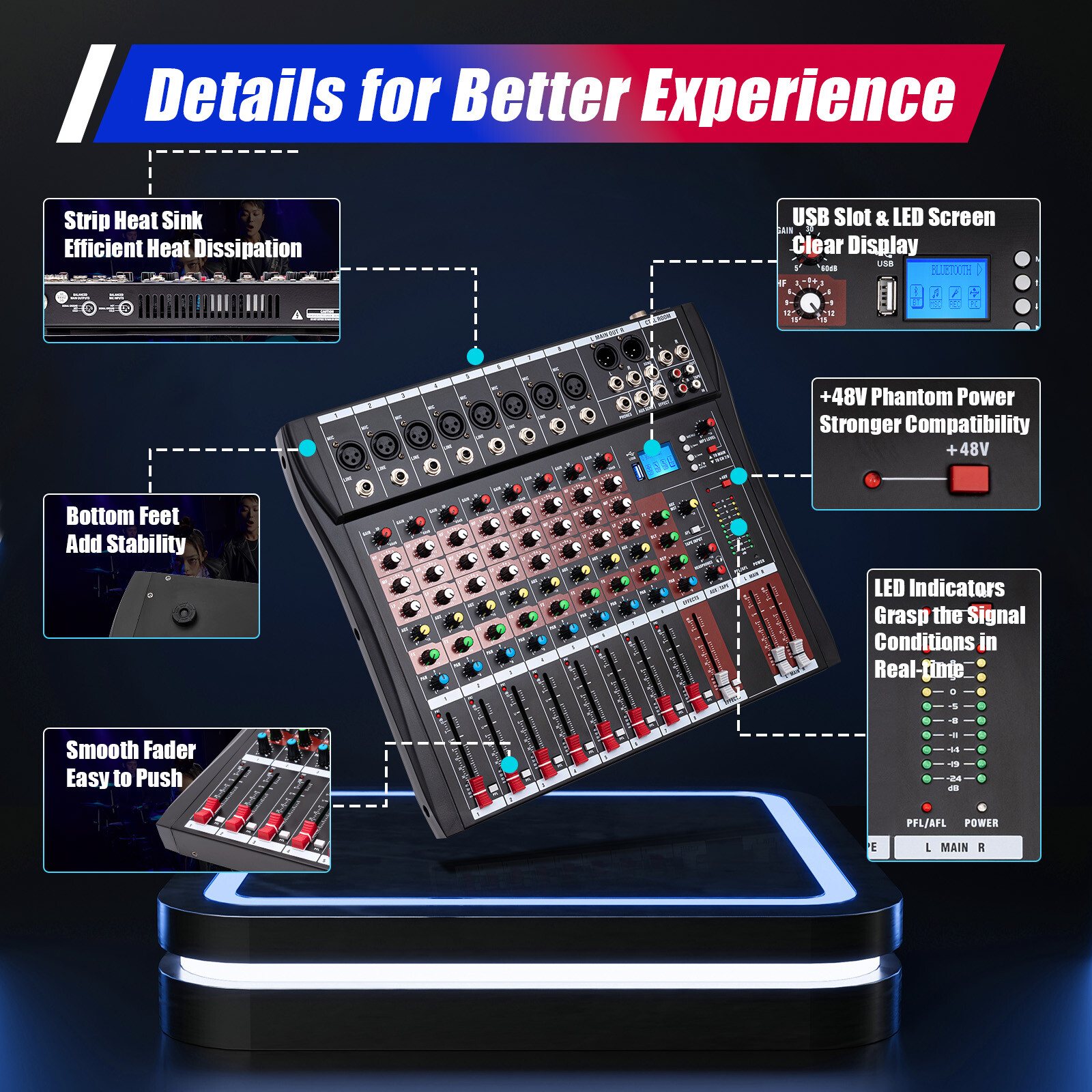 Pro 8 Channel Bluetooth Studio Audio Mixer Live Sound Mixing Console with USB