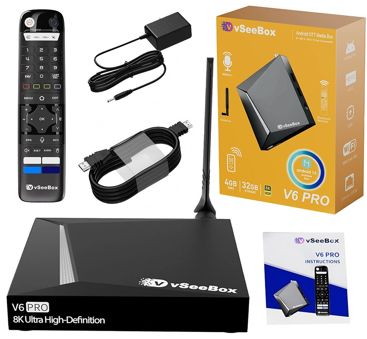 VSEEBOX V6 Pro Android 14 TV Box with 4GB+32GB, Backlit Bluetooth Remote