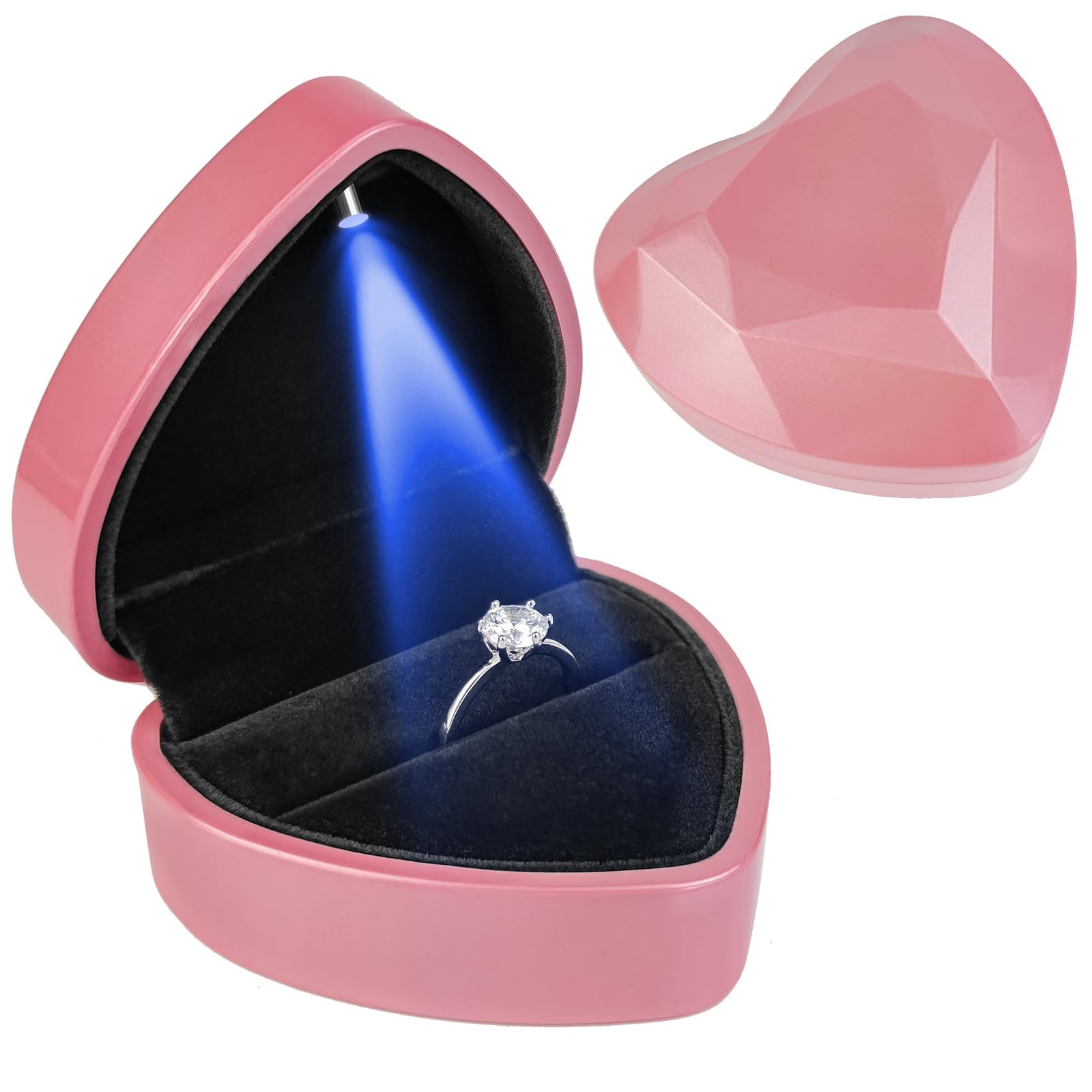 Heart Ring Box with LED Light, Luxury Lighted 2.8*2.6*1.7 inches, Pink