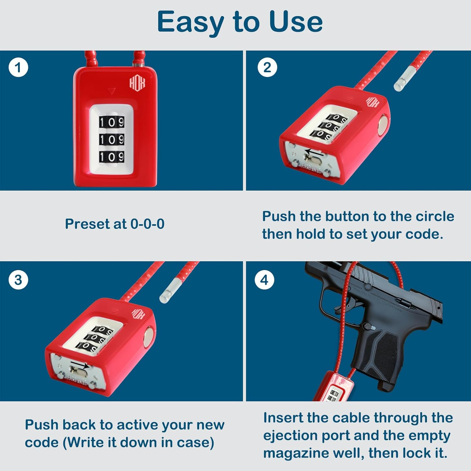 3-Digit Combination Gun Lock for Firearms, Home Safety Cable Lock