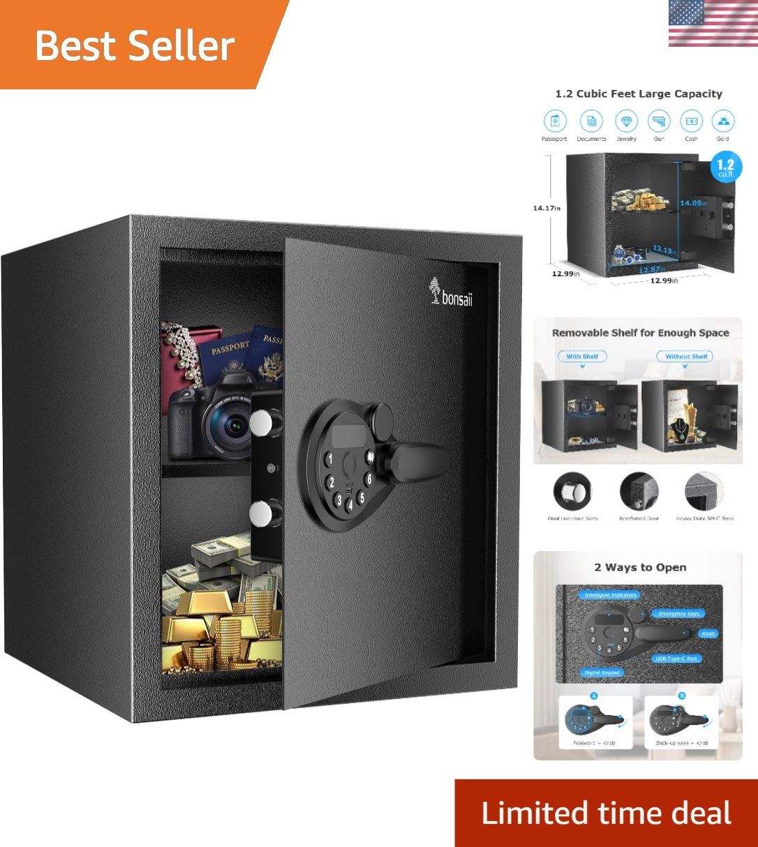 Large 1.2 Cu. Ft. Safe Box with Removable Shelf - Ideal for Jewelry & Documents