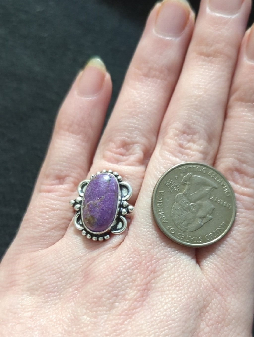 Silver Plated Purple Charoite Gemstone Oval Statement Ring - size 8