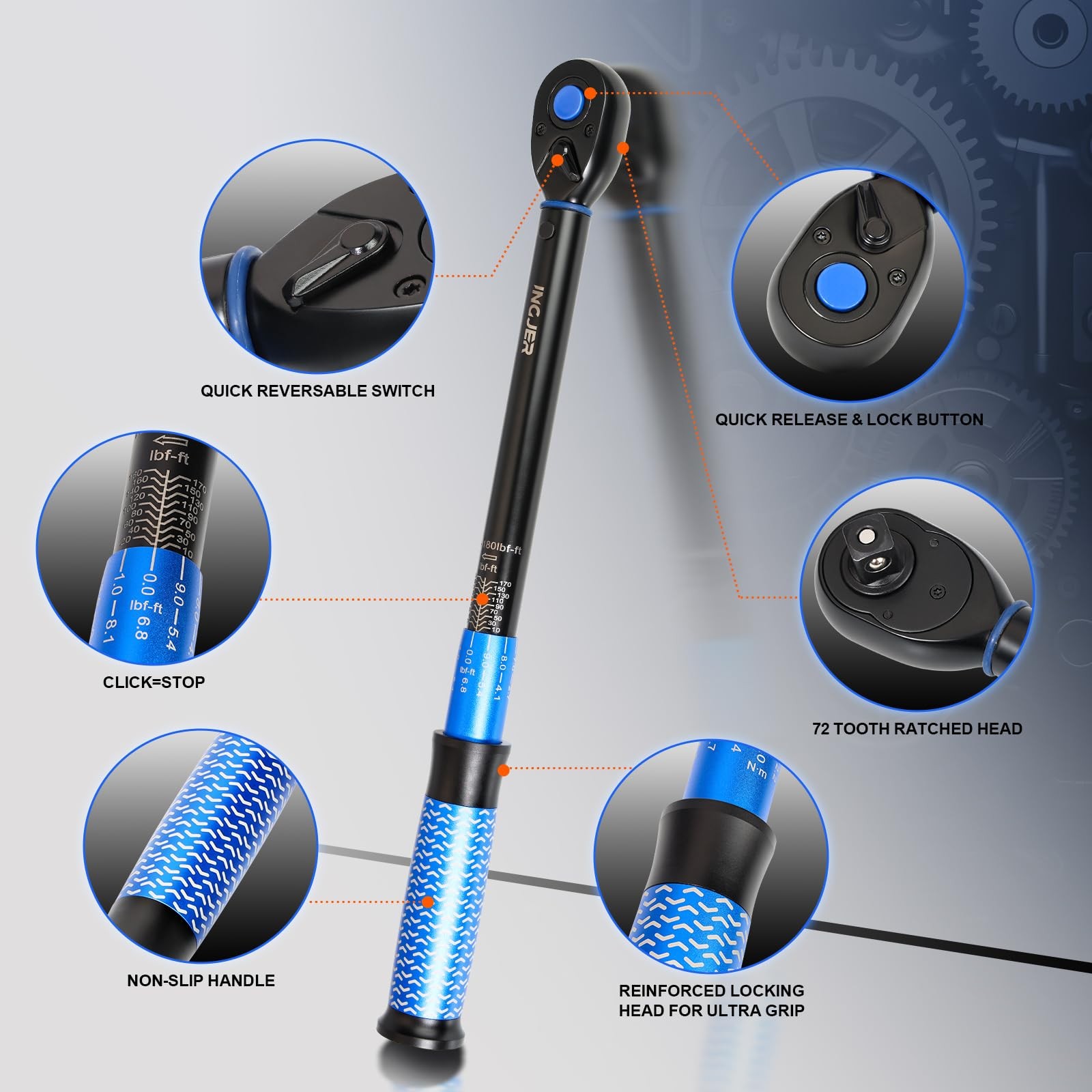 UPGRADE 1/2" Drive Click Torque Wrench,10180ft.lb,DualDirection Adjustable 72...