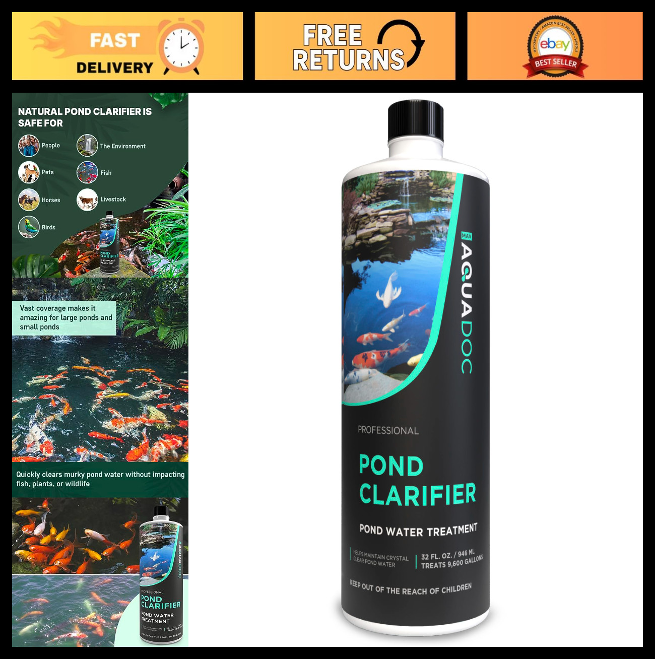 Pond Water Clarifier 32oz – Enzyme Treatment for Koi & Fish Ponds – Clear Cloudy