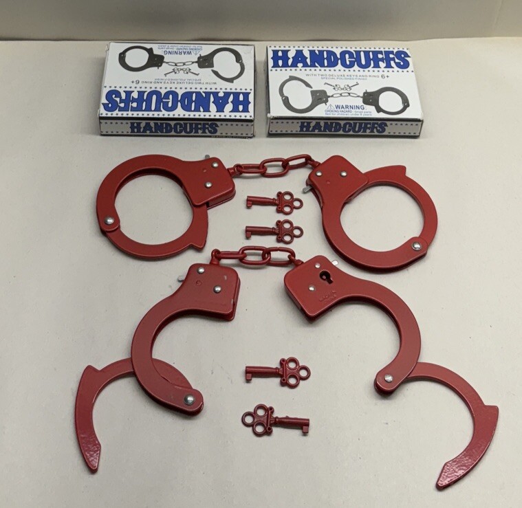 2 sets of Metal Novelty Costume Toy Fake HANDCUFFS For Adult with 2 Keys RED