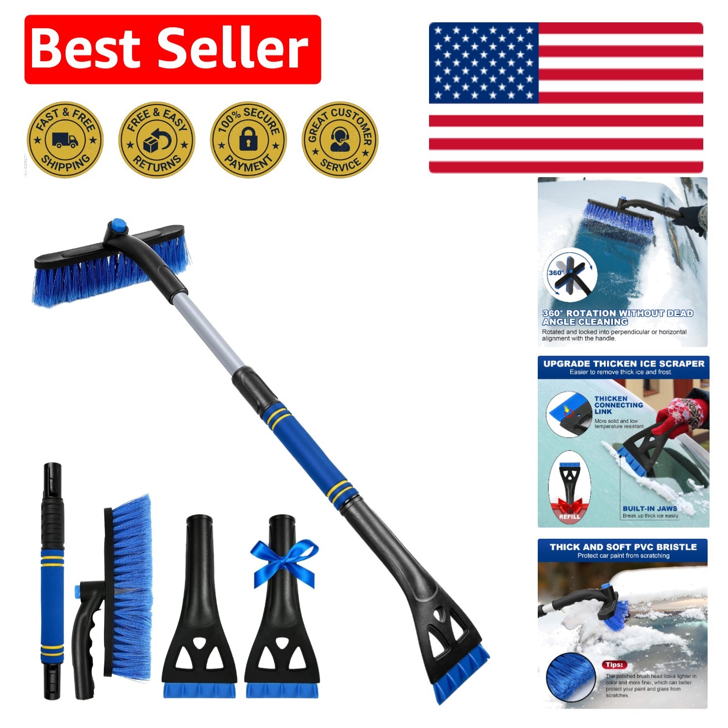 Efficient 34" Snow Brush and Ice Scraper with 360° Head for Extreme Conditions