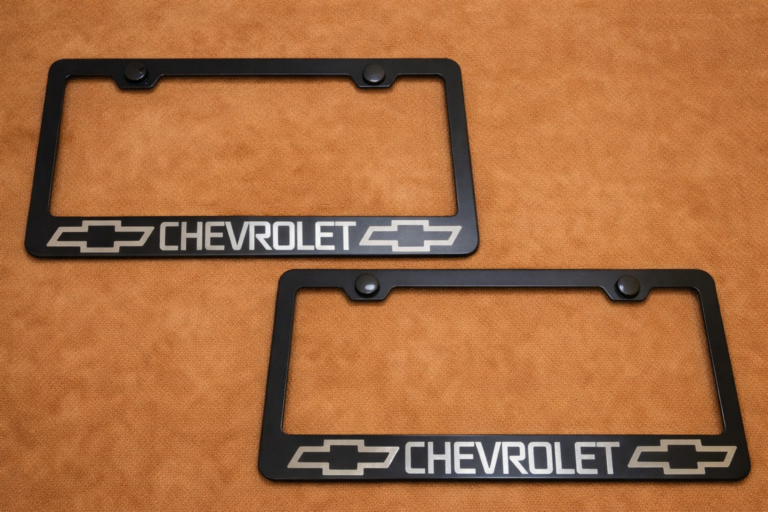 2X Chevy W/logo Stainless Steel Black Finished Plate Frame Holder