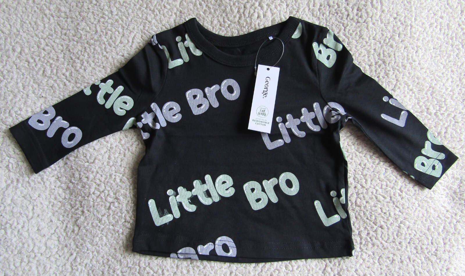 Baby Boys Little Bro Slogan Black Long Sleeve Top 3-6 Months Brand New WL