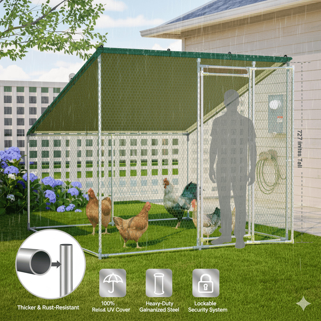 84"L Walk-In Chicken Coop Metal Poultry Cage Slanted Roof Run All-Weather Cover