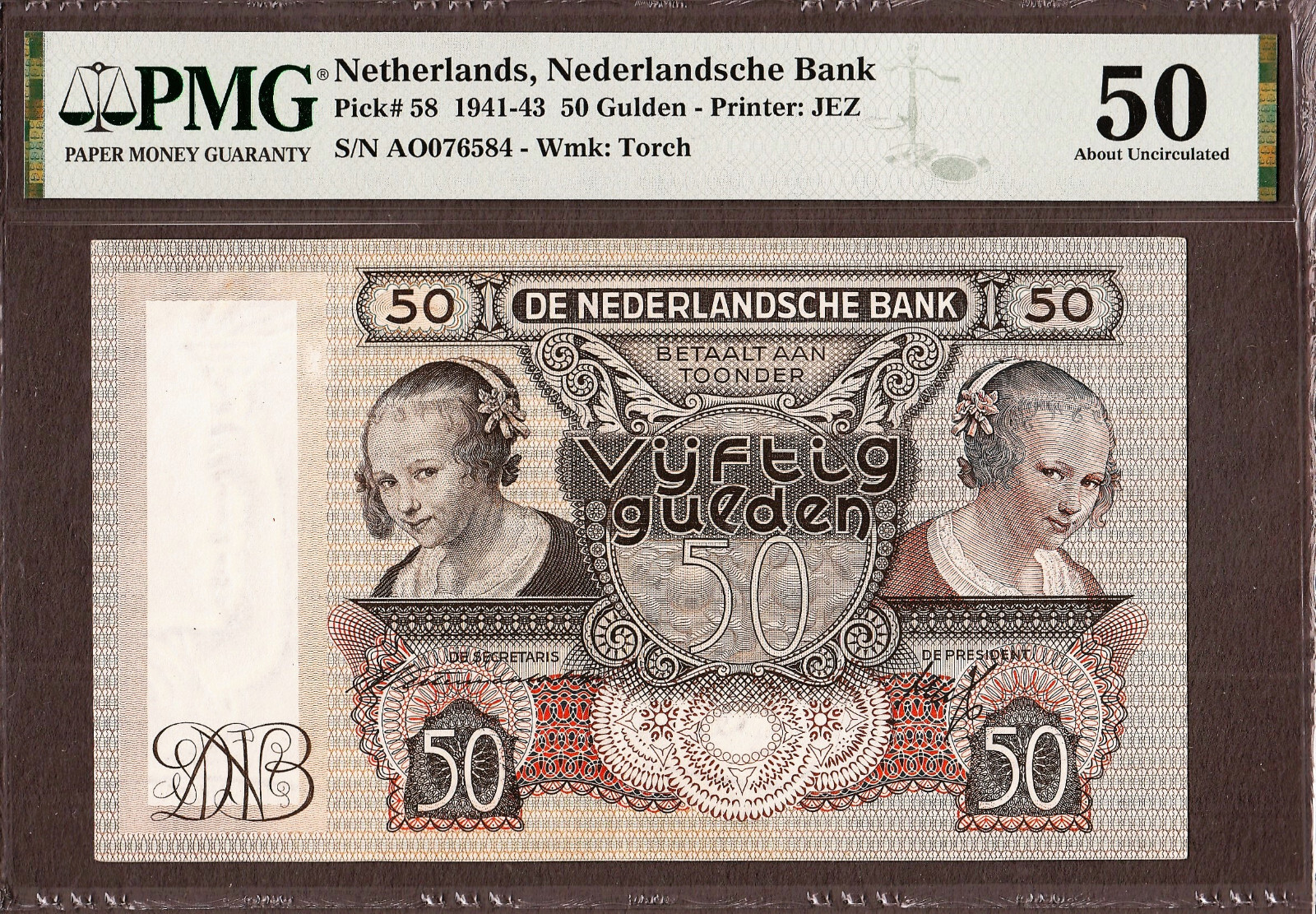 Netherlands 50 Gulden 1941 Pick-58 About UNC PMG 50