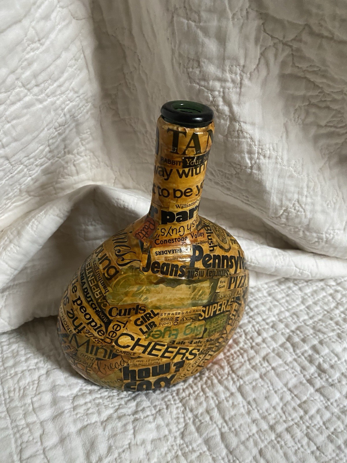 Word Art Collage Decoupage On Glass Bottle