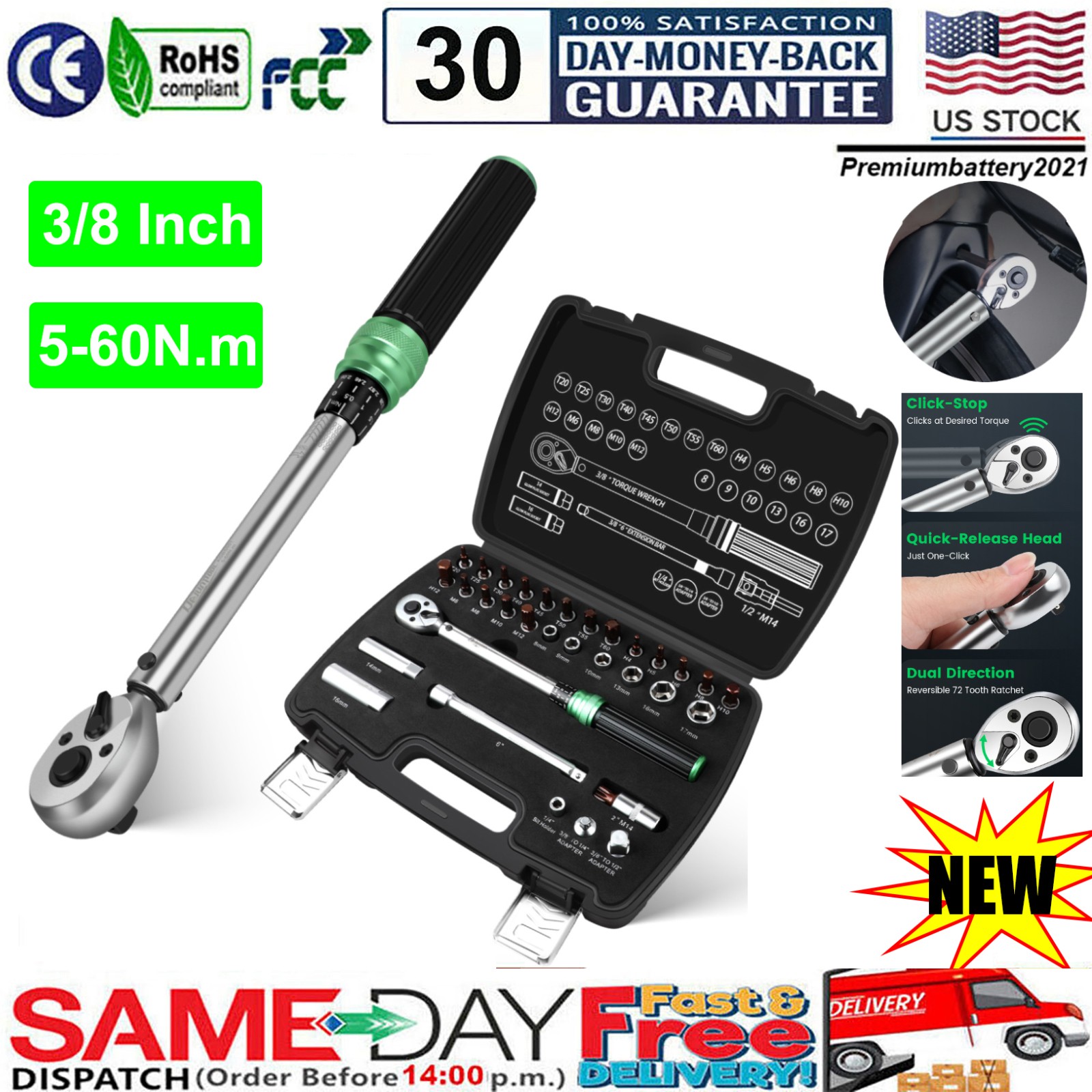 ✅3/8'' Drive 5-60N.m Torque Wrench Adjustable Spanner w/Extension Rod 2026 NEW
