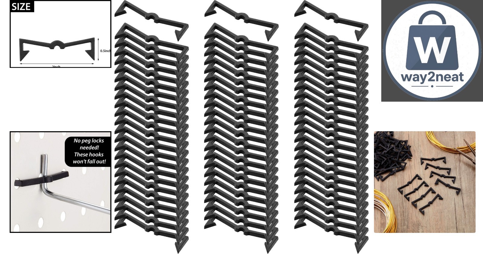 Set of 200 Durable Black Plastic Pegboard Clips - Easy Install & Adjustable