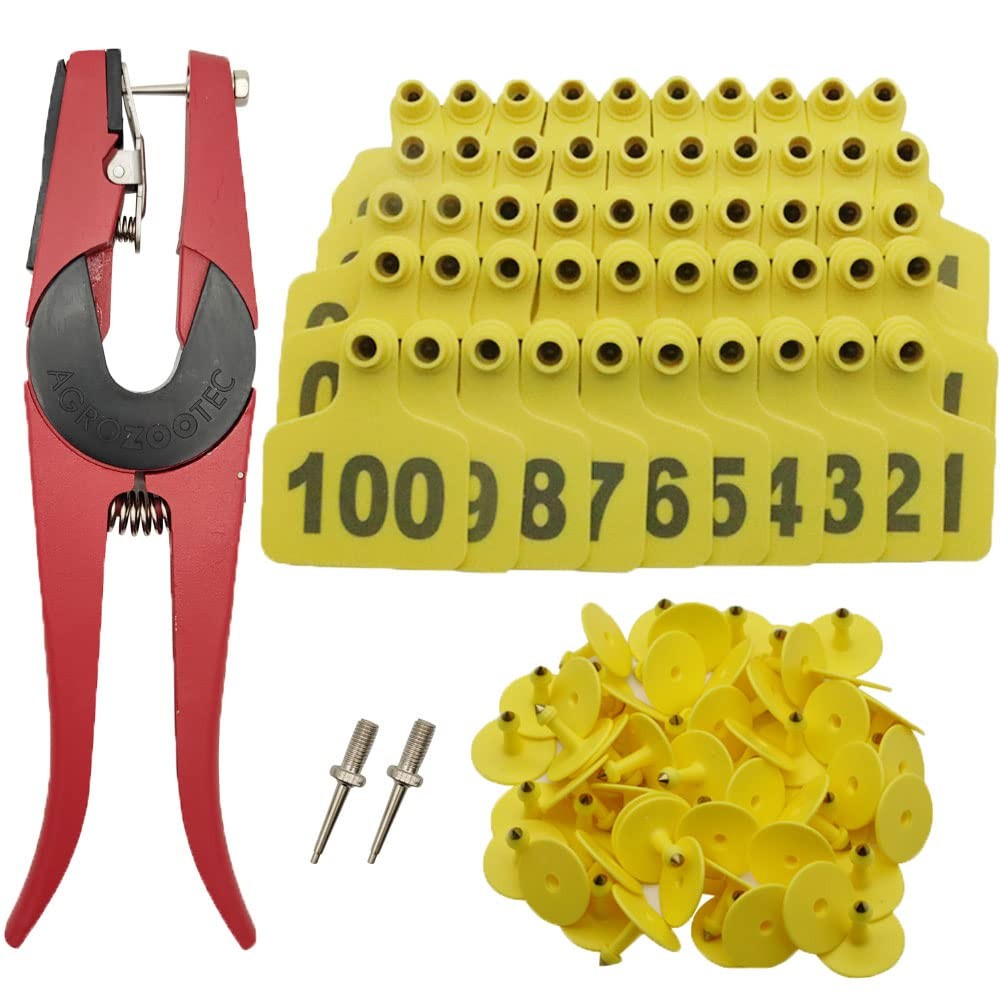 100 Yellow Numbered Cattle Ear Tags 001-100 with Applicator Kit for Cows