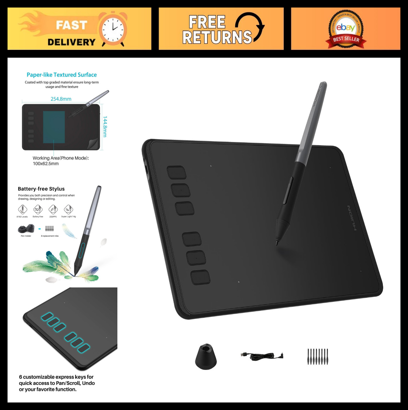 6x4 Inch Drawing Tablet with Battery-Free Stylus, 8192 Pen Pressure, 6 Hot Keys