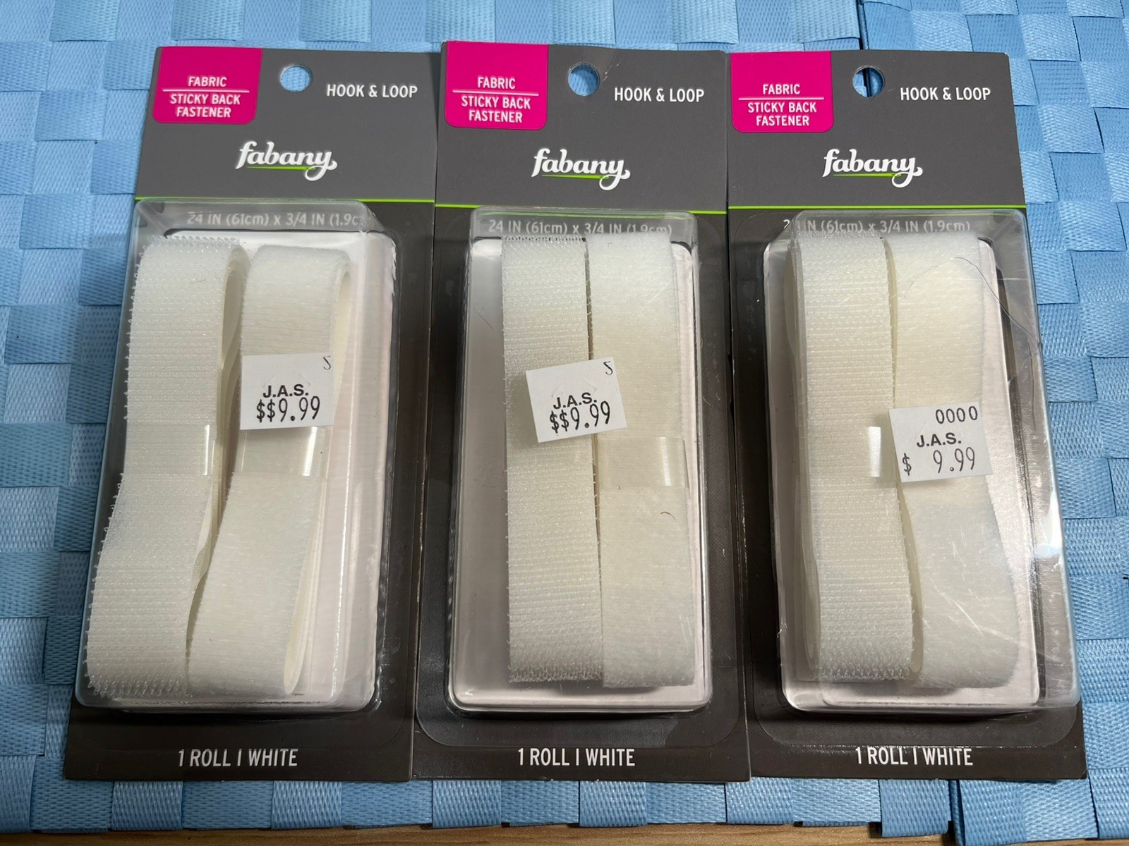 3-Pack Fabany Fabric Sticky Back Fastener Hook & Loop Tape, 24” x 3/4”, White
