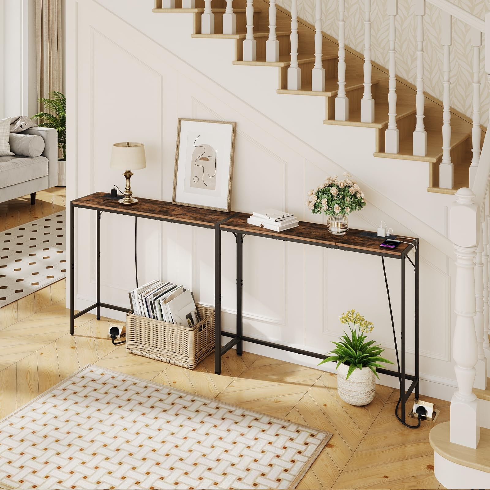 Console Table, Narrow Sofa Table, 43.3” Entrance Table with Power Station, Be...