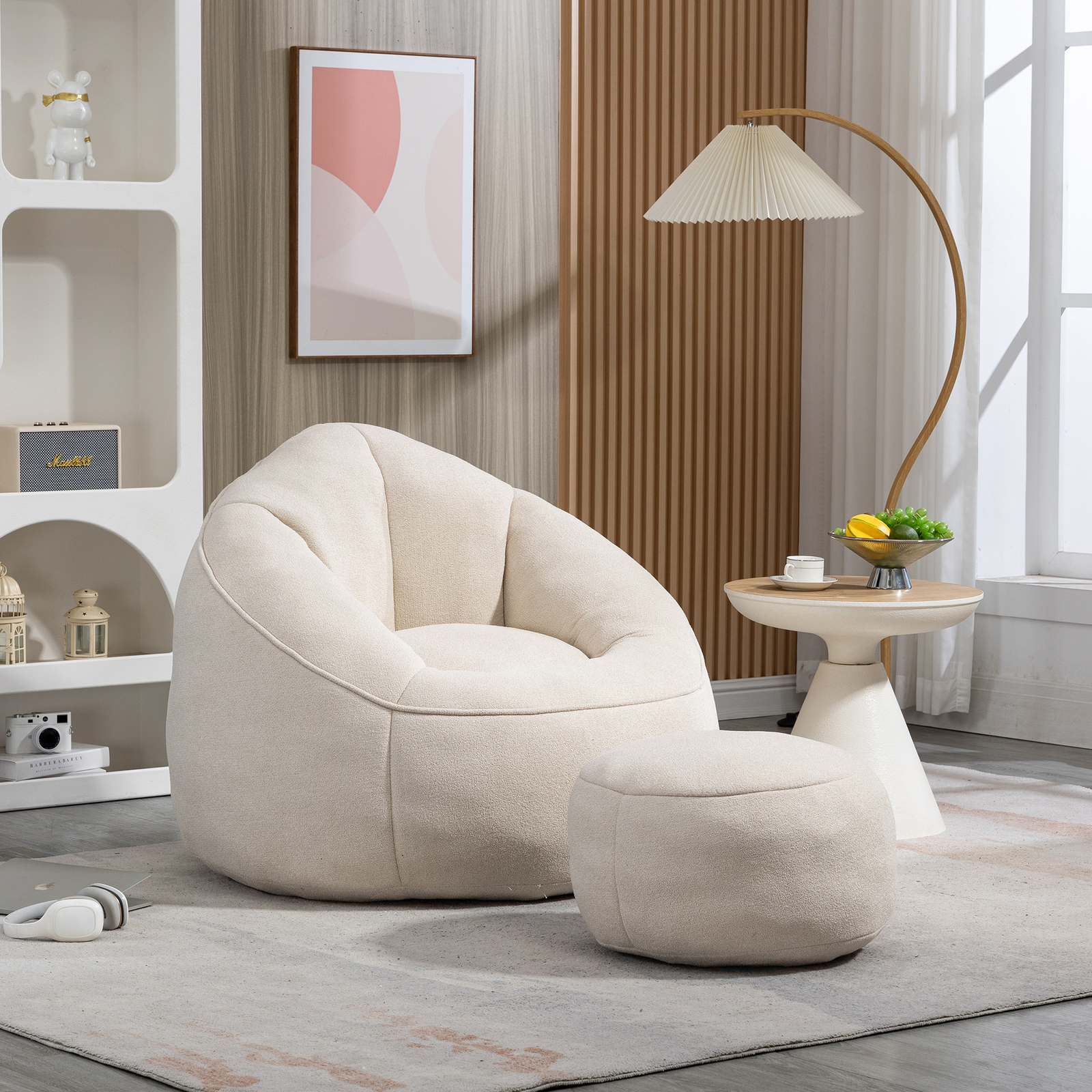 Bean Bag Sofa Chair High Pressure Foam Bean Bag Chair with Padded Footrest Beige