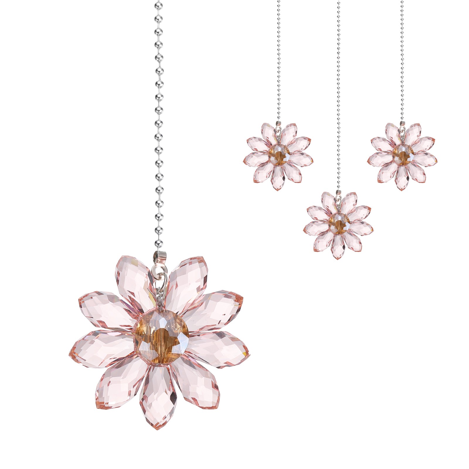 4 Pcs 24" Pink Ceiling Fan Pull Chain Crystal Flower Pendant Chain Extender
