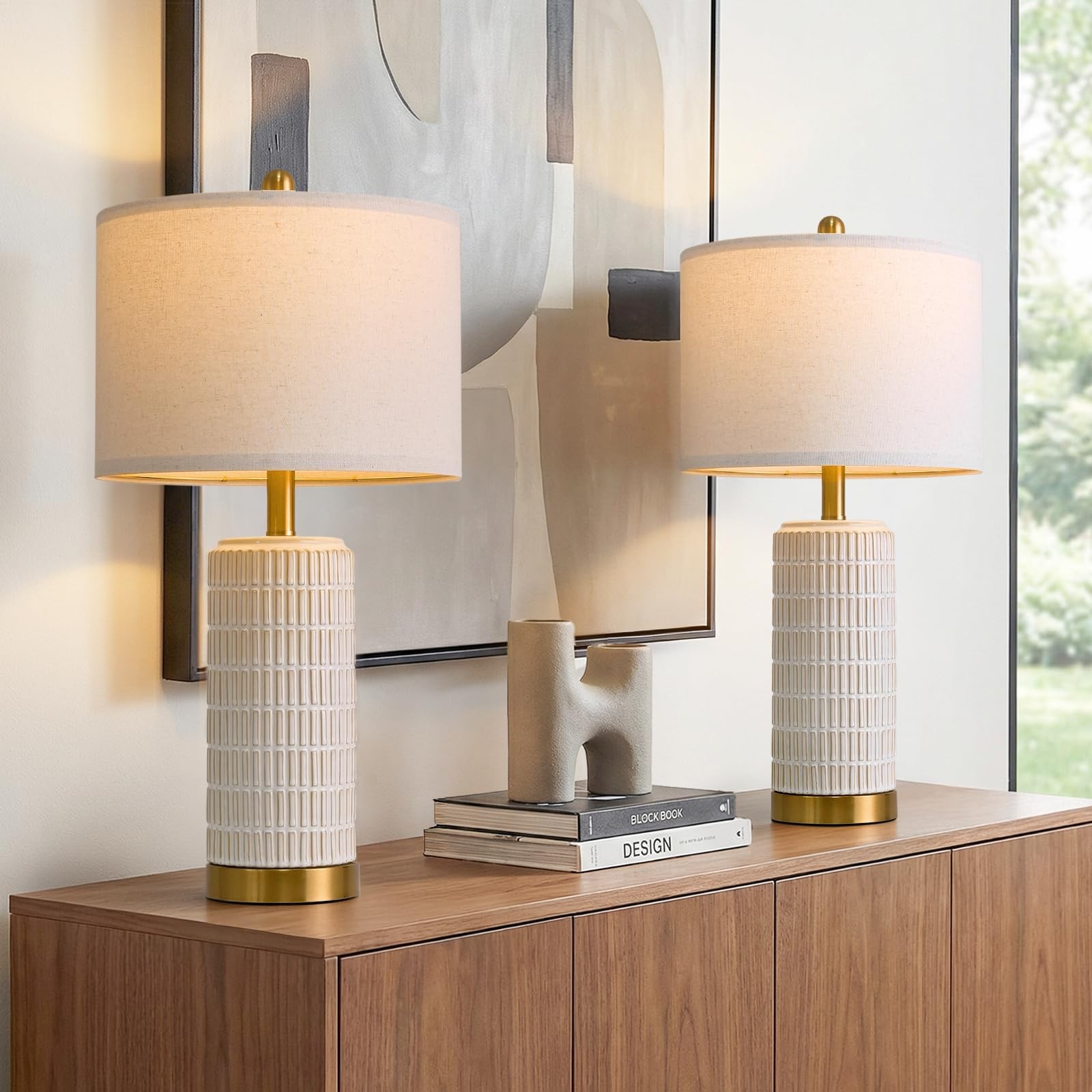 25'' Modern Table Lamps Set of 2 for Living Room with Gold Base, White Farmho...
