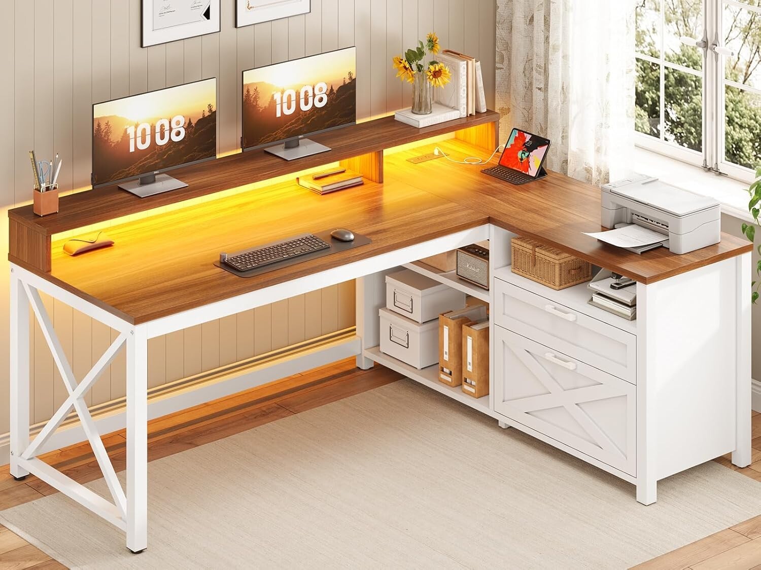 55" L Shaped Computer Desk with LED Light &Drawers, Farmhouse Corner Office Desk