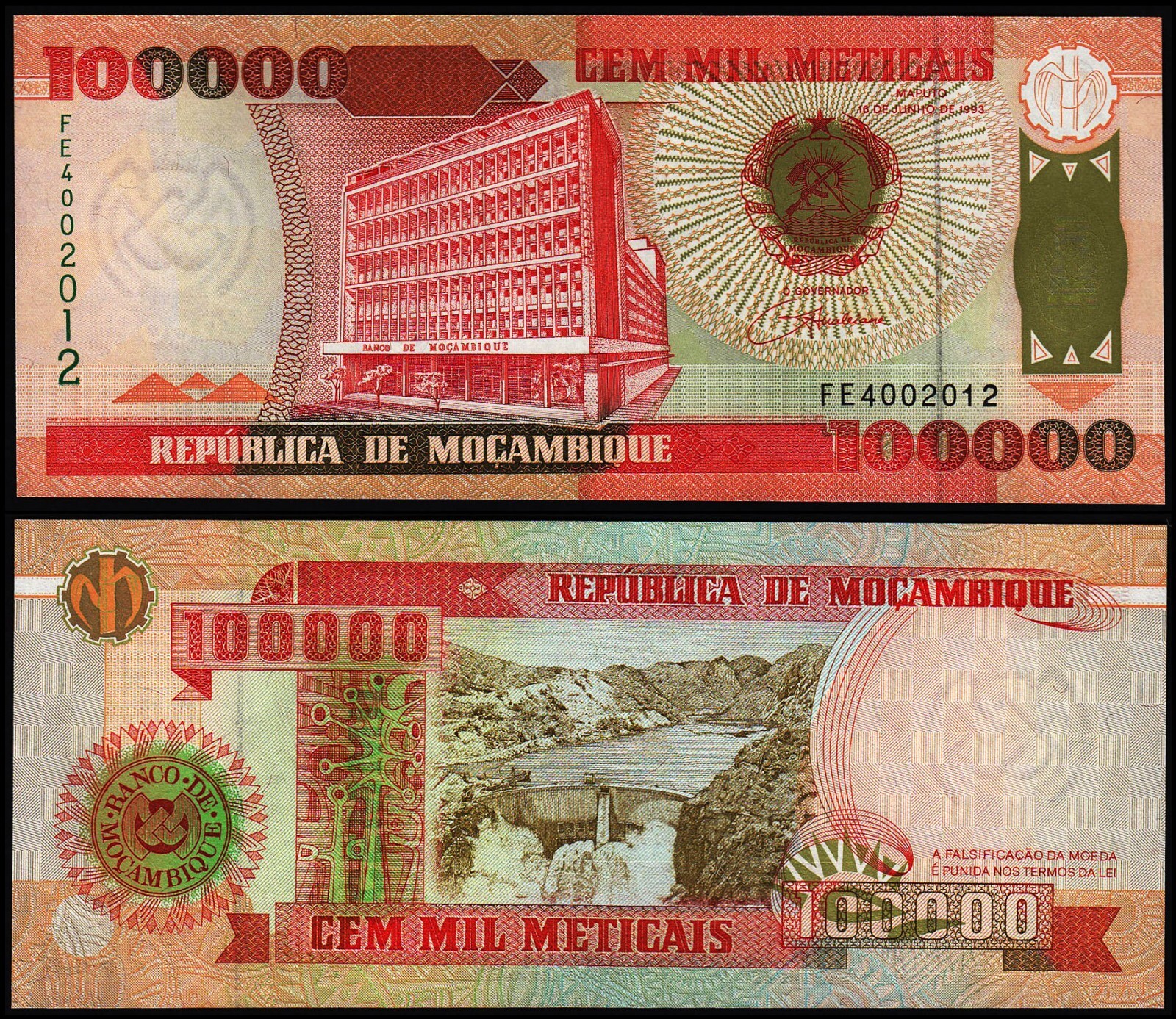 MOZAMBIQUE 100000 METICAIS (P139) 1993 UNC