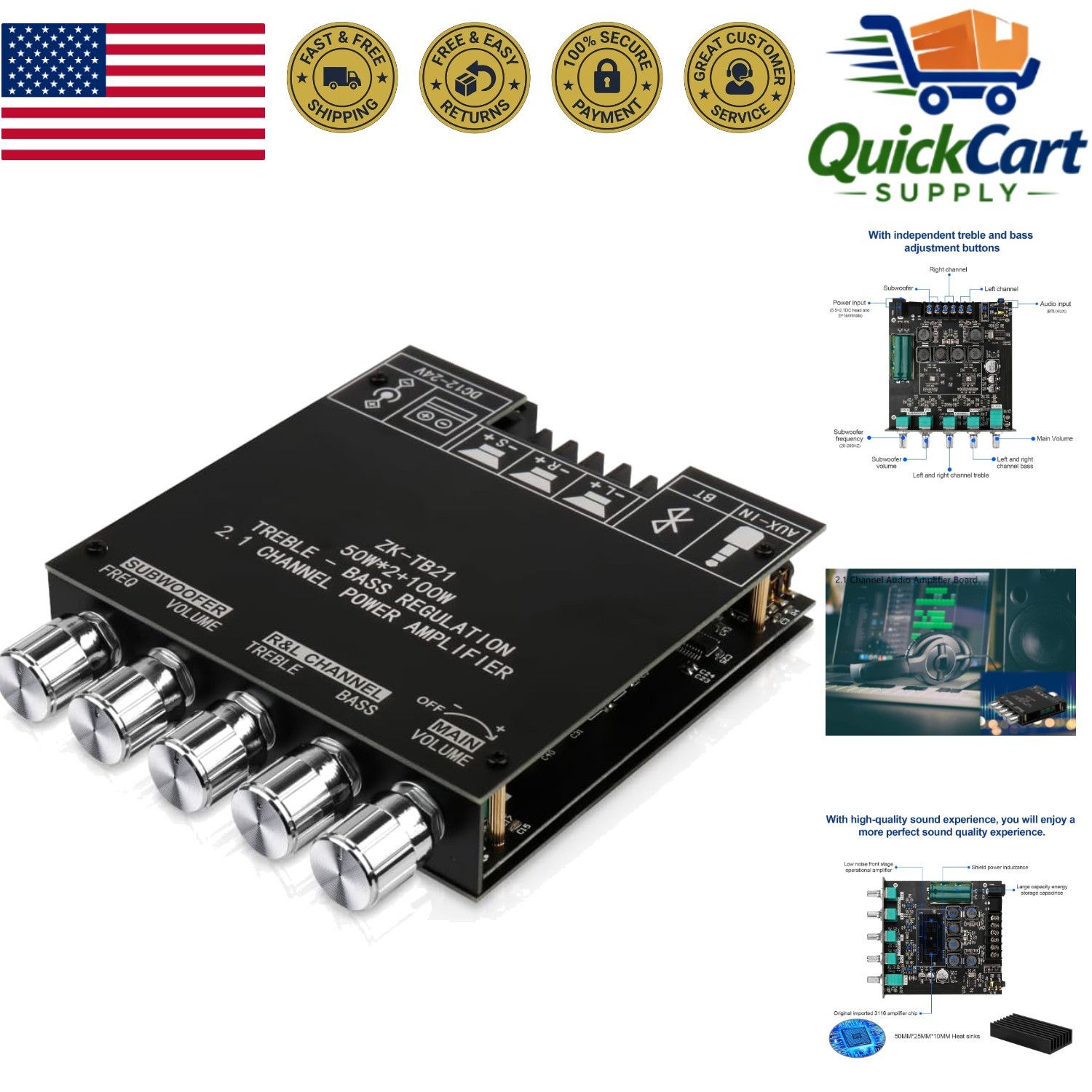 Powerful 2.1CH Bluetooth Audio Amplifier Kit with Easy Installation - 100 Watts
