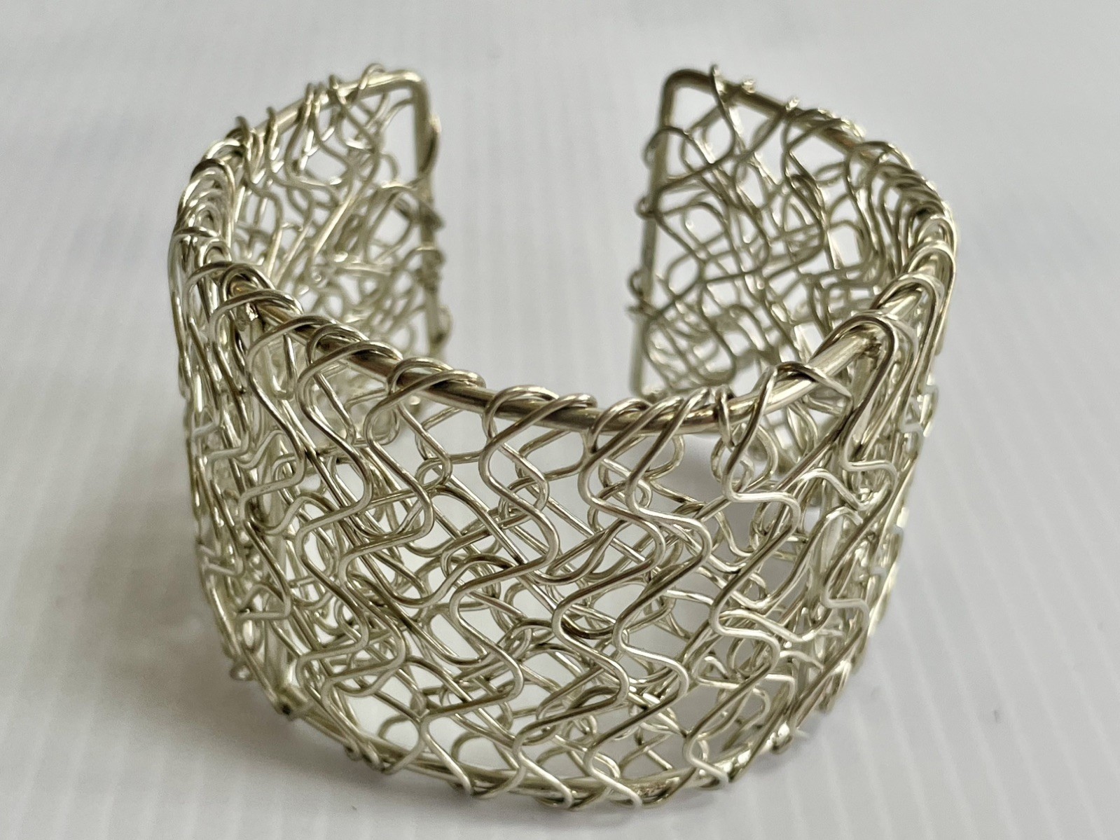 Handmade Silver Wire Crochet Cuff Bracelet | Artisan Woven Mesh Statement Bangle