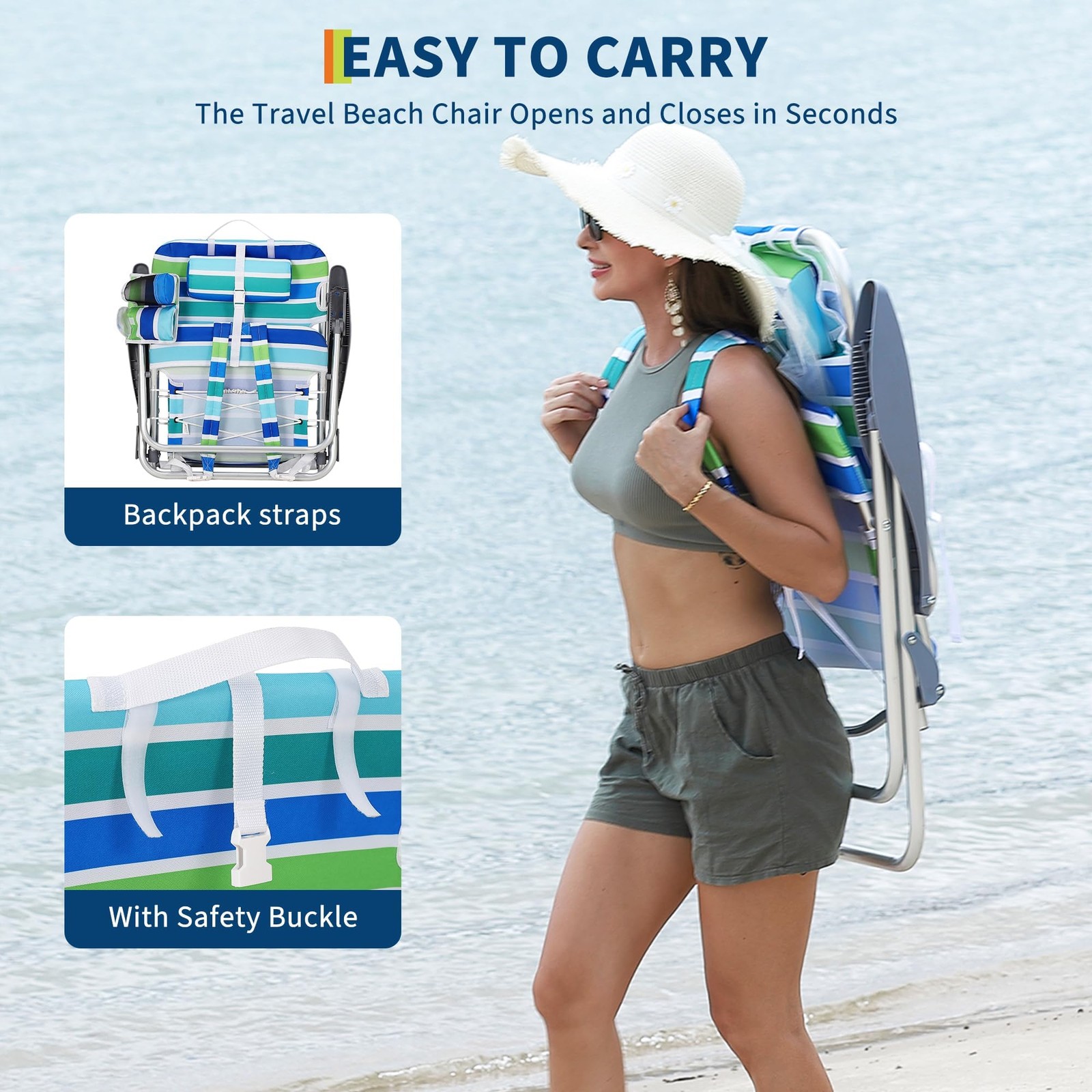 Portable Reclining Backpack Beach Chair for Adults Folding Outdoor Lounge Chair