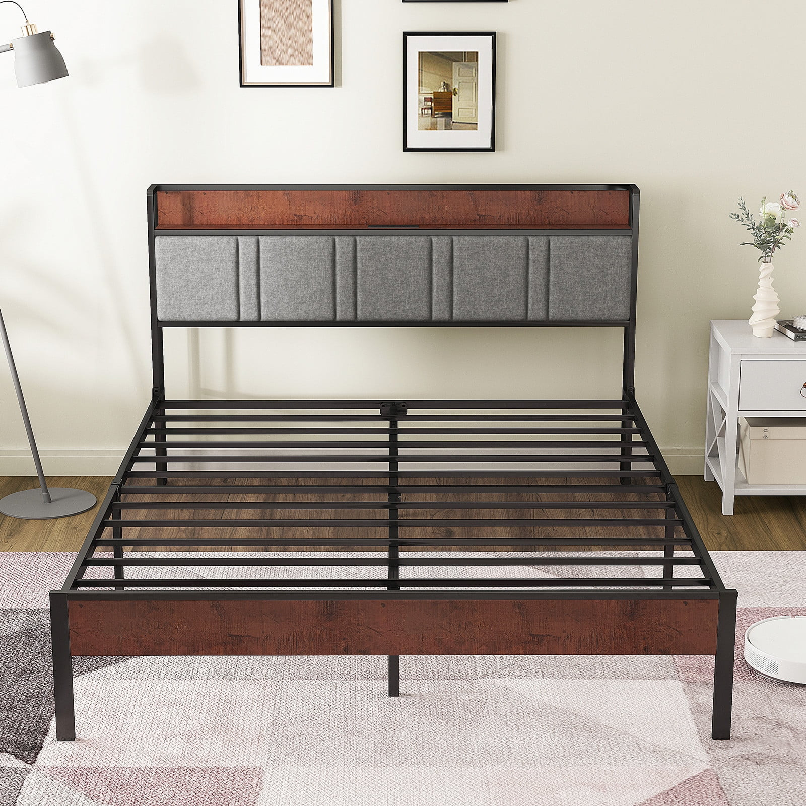 Queen Bed Frame, Platform Bed Queen Size with Charging Station and Storage Uphol