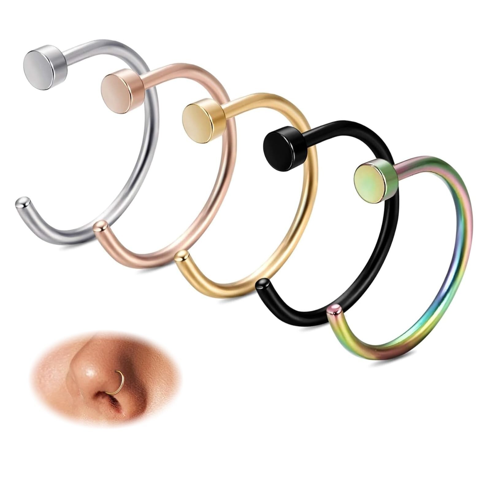 FIBO STEEL 18G-22G 5PCS Stainless Steel Body Jewelry Piercing Nose Ring Hoop ...