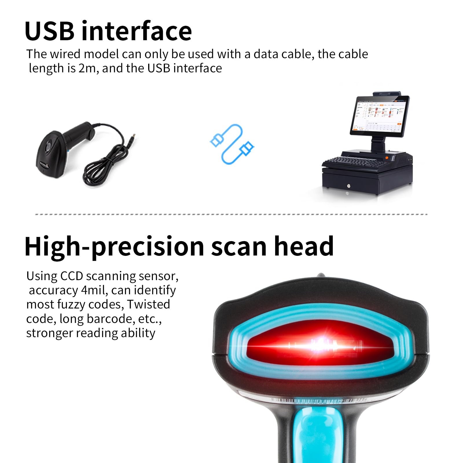 JIAN BOLAND Barcode Scanner USB 1D Wired CCD Reader Black-U1C